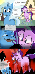 Size: 1000x2100 | Tagged: safe, artist:zouyugi, character:starlight glimmer, character:trixie, species:pony, species:unicorn, episode:all bottled up, g4, my little pony: friendship is magic, anger magic, angry, bottle, comic, food, hilarious in hindsight, hoers, horse, i see what you did there, magic, meme, pineapple, pizza, ponyville, screaming, sorry, teeth