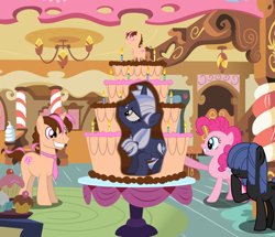 Size: 13000x11200 | Tagged: safe, artist:mundschenk85, character:pinkie pie, oc, oc:silverlay, oc:think pink, species:pony, species:unicorn, absurd resolution, birthday cake, cake, cupcake, female, food, male, mare, pop out cake, smiling, stallion, surprise cake, vector