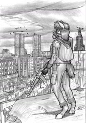 Size: 1150x1630 | Tagged: safe, artist:mach-volt, oc, oc only, oc:urban wave, species:anthro, species:unguligrade anthro, anthro oc, grayscale, gun, mask, monochrome, post-apocalyptic, sketch, solo, traditional art, wasteland, weapon