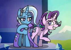 Size: 1754x1240 | Tagged: safe, artist:rambopvp, character:starlight glimmer, character:trixie, species:pony, species:unicorn, alternate hairstyle, bow, cape, clothing, duo, evil grin, female, grin, mare, smiling, trixie's cape