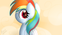 Size: 1024x576 | Tagged: safe, artist:littleblackraencloud, character:rainbow dash, species:pegasus, species:pony, bright, cloud, cute, female, folded wings, looking at you, looking back, mare, rear view, solo, sunlight, three quarter view, wings