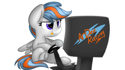 Size: 1024x576 | Tagged: safe, artist:littleblackraencloud, oc, oc only, oc:gulfstream, species:pegasus, species:pony, blep, cute, female, mare, screen, simple background, sitting, solo, steering wheel, tongue out, transparent background, video game
