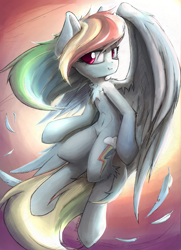 Size: 723x1000 | Tagged: safe, artist:blvckmagic, character:rainbow dash, species:pegasus, species:pony, belly button, chest fluff, feather, female, flying, leg fluff, mare, solo, spread wings, wing fluff, wings