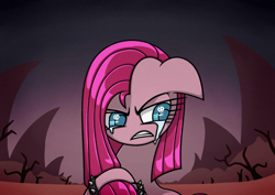 Size: 1754x1240 | Tagged: safe, artist:rambopvp, character:pinkamena diane pie, character:pinkie pie, species:earth pony, species:pony, angry, crying, female, floppy ears, looking away, looking down, mare, no nose, sad, solo, spiked wristband, wasteland, wingding eyes, wristband