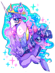 Size: 600x800 | Tagged: safe, artist:njeekyo, character:princess celestia, character:twilight sparkle, character:twilight sparkle (alicorn), species:alicorn, species:pony, ship:twilestia, blushing, color porn, crown, eyeshadow, eyestrain warning, female, jewelry, lesbian, looking at you, makeup, regalia, shipping, simple background, wings