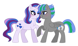 Size: 1023x612 | Tagged: safe, artist:cascayd, oc, oc only, oc:radiant jewel, oc:storm strike, parent:blossomforth, parent:fancypants, parent:rarity, parent:thunderlane, parents:blossomlane, parents:raripants, species:pegasus, species:pony, species:unicorn, female, lesbian, offspring, offspring shipping, one eye closed, shipping