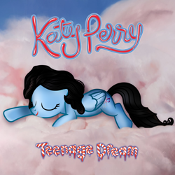 Size: 1500x1500 | Tagged: safe, artist:aldobronyjdc, species:pegasus, species:pony, cloud, cotton candy, cotton candy cloud, eyes closed, food, katy perry, ponified, ponified album cover, ponified celebrity, solo, teenage dream