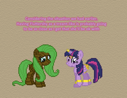 Size: 504x390 | Tagged: safe, artist:verve, character:fluttershy, character:twilight sparkle, character:twilight sparkle (alicorn), species:alicorn, species:pegasus, species:pony, episode:a health of information, g4, my little pony: friendship is magic, armband, ask genie twilight, brown background, dryad, female, flutterdryad, fluttertree, genie, horn cap, leg brace, mare, pixel art, plant pony, simple background, transformation, wing jewelry
