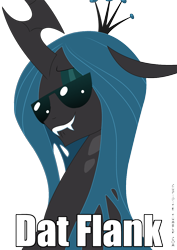 Size: 893x1263 | Tagged: safe, artist:tarajenkins, character:queen chrysalis, species:changeling, bust, caption, changeling queen, cupidite, dat butt, female, image macro, meme, simple background, solo, sunglasses, text, transparent background