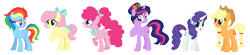 Size: 2289x501 | Tagged: safe, artist:strawberry-spritz, base used, character:applejack, character:fluttershy, character:pinkie pie, character:rainbow dash, character:rarity, character:twilight sparkle, character:twilight sparkle (alicorn), species:alicorn, species:pony, alternate hairstyle, bow, bow tie, braid, braided tail, crown, curly hair, curly mane, jewelry, mane six, raised eyebrow, raised hoof, regalia, simple background, speedpaint, tail bow, transparent background, windswept mane, youtube link