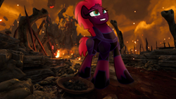Size: 1024x576 | Tagged: safe, artist:littleblackraencloud, character:tempest shadow, species:pony, my little pony: the movie (2017), clothing, doom, doom 2016, female, fire, get, grin, index get, looking up, mare, rock, ruins, sky, smiling, solo, standing, video game