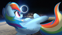Size: 1024x576 | Tagged: safe, artist:littleblackraencloud, character:rainbow dash, species:pegasus, species:pony, eclipse, female, floating, horizon, irl, mare, moon, open mouth, photo, planet, ponies in real life, rear view, sky, solar eclipse, solo, space, stars, sun