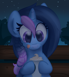 Size: 1024x1126 | Tagged: safe, artist:littleblackraencloud, oc, oc only, species:pony, species:unicorn, bench, blep, coffee, cup, cute, drink, ear fluff, female, food, happy, hoof hold, latte, looking down, mare, night, ocbetes, outdoors, sky, solo, stars, tongue out, tree