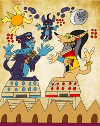 Size: 1013x1280 | Tagged: safe, artist:toon-n-crossover, character:ahuizotl, oc, oc:chalchuitli, oc:tlaloc, ahuizotl (species), ahuizotl oc, aztec, aztecmastermind, backstory, clipping, codex, digital art, headcanon, moon, stairs, sun, templo mayor, tlalocan