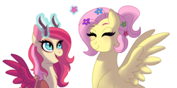 Size: 1024x514 | Tagged: safe, artist:cascayd, character:fluttershy, oc, oc:jinx, parent:discord, parent:fluttershy, parents:discoshy, species:draconequus, alternate hairstyle, draconequus oc, female, flower, flower in hair, hybrid, interspecies offspring, mother and daughter, offspring, simple background, white background