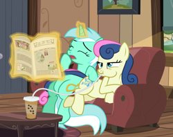 Size: 11000x8700 | Tagged: safe, artist:mundschenk85, artist:ponyhd, artist:sairoch, character:bon bon, character:lyra heartstrings, character:sweetie drops, species:pony, absurd resolution, coffee, couch, cup, magic, newspaper, prone, straw, telekinesis, yawn