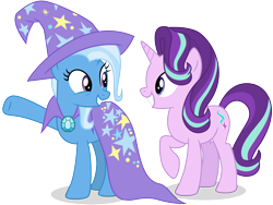 Size: 8000x6000 | Tagged: safe, artist:caliazian, character:starlight glimmer, character:trixie, species:pony, species:unicorn, episode:to change a changeling, g4, my little pony: friendship is magic, .ai available, absurd resolution, cape, clothing, duo, hat, raised hoof, simple background, transparent background, trixie's cape, trixie's hat, underhoof, vector