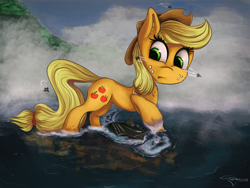 Size: 3000x2253 | Tagged: safe, artist:ferasor, character:applejack, species:earth pony, species:pony, aircraft carrier, clothing, cowboy hat, female, freckles, giant pony, hat, jet, jet fighter, macro, mare, stetson, water