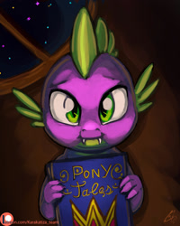 Size: 800x1000 | Tagged: safe, artist:kirillk, artist:lexx2dot0, character:spike, species:dragon, bedtime story, book, collaboration, cute, fangs, hnnng, looking at you, male, night, patreon, patreon logo, smiling, solo, spikabetes, stars, window