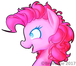 Size: 1466x1281 | Tagged: safe, artist:breeoche, character:pinkie pie, species:earth pony, species:pony, black outlines, bust, portrait, profile, shrunken pupils, simple background, smiling, white background
