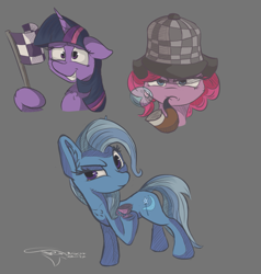 Size: 1153x1210 | Tagged: safe, artist:ferasor, character:pinkie pie, character:trixie, character:twilight sparkle, species:pony, species:unicorn, bubble pipe, checkered flag, detective, female, mare, simple background, trio