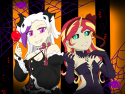 Size: 800x600 | Tagged: safe, artist:fallenangel5414, character:sunset shimmer, my little pony:equestria girls, anime reference in the description, clothing, gamera, halloween, holiday, horn, hyper gyaos, irys, puella magi madoka magica, seraph of the end, spider