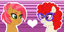 Size: 1024x526 | Tagged: safe, artist:cascayd, character:babs seed, character:twist, species:earth pony, species:pony, ship:babstwist, ear piercing, earring, female, filly, glasses, jewelry, lesbian, looking at each other, piercing, shipping