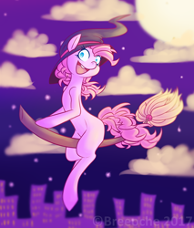 Size: 1024x1201 | Tagged: safe, artist:breeoche, character:pinkie pie, broom, clothing, female, flying, flying broomstick, hat, solo, witch hat