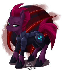 Size: 1864x2160 | Tagged: safe, artist:jovalic, character:tempest shadow, species:pony, species:unicorn, my little pony: the movie (2017), abstract background, armor, broken horn, eye scar, female, mare, scar, signature, solo