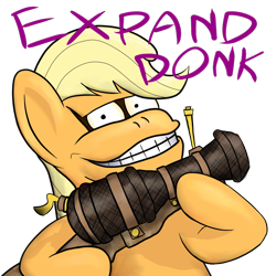 Size: 1200x1200 | Tagged: safe, artist:phat_guy, derpibooru original, character:applejack, species:earth pony, species:pony, ape, bipedal, cannon, caption, demoman, donk, donkey kong, english, expand dong, expand donk, exploitable meme, female, fusion, grin, gun, holding, hoof hold, hybrid, loose cannon, mare, meme, missing hat, nutcracker mk.ii, simple background, smiling, solo, spray, team fortress 2, tf2 spray, transparent background, war paint, wat, weapon