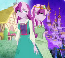 Size: 1574x1419 | Tagged: safe, artist:fantasygerard2000, character:wysteria, species:human, g3, canterlot, clothing, crown, dress, ear piercing, earring, eyes closed, female, g3 to g4, generation leap, humanized, jewelry, piercing, pony coloring, ponyville, regalia, smiling, solo
