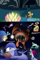 Size: 1000x1500 | Tagged: safe, artist:zouyugi, character:applejack, character:princess skystar, character:queen novo, character:winona, species:earth pony, species:pony, species:seapony (g4), my little pony: the movie (2017), angler fish, grammar error, seapony applejack, this will end in war