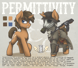 Size: 3300x2890 | Tagged: safe, artist:blvckmagic, oc, oc only, oc:permittivity, species:pony, species:unicorn, fallout equestria, clothing, fallout equestria: transient, fanfic art, gas mask, gun, helmet, mask, reference sheet, scarred, stahlhelm, updated design, weapon