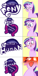 Size: 1500x3000 | Tagged: safe, artist:zouyugi, edit, character:starlight glimmer, species:pony, species:unicorn, my little pony:equestria girls, :t, blushing, comic, cute, equestria girls logo, exploitable meme, faec, fangirl, female, glimmerbetes, glowing eyes, glowing eyes meme, happy, humie, in-universe pegasister, lidded eyes, logo, logo edit, mare, meme, misspelling, my little human, my little pony logo, my little x, open mouth, red eyes, role reversal, satisfying, simple background, smiling, smirk, solo, wat, wide eyes