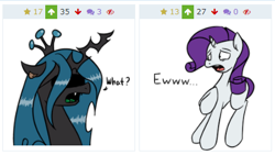 Size: 437x246 | Tagged: safe, artist:color-spark, character:queen chrysalis, character:rarity, derpibooru, eww, juxtaposition, juxtaposition win, meme, meta, simple background, white background