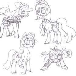 Size: 783x783 | Tagged: safe, artist:erijt, oc, oc only, oc:calamity, oc:homage, oc:littlepip, oc:velvet remedy, species:pegasus, species:pony, species:unicorn, fallout equestria, battle saddle, black and white, clothing, cutie mark, dashite, fanfic, fanfic art, female, glowing horn, grayscale, gun, handgun, hat, hooves, horn, levitation, little macintosh, magic, male, mare, monochrome, open mouth, optical sight, pipbuck, revolver, rifle, sketch, spread wings, stallion, telekinesis, vault suit, weapon, wings