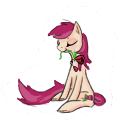 Size: 1280x1279 | Tagged: safe, artist:erijt, character:roseluck, species:earth pony, species:pony, abstract background, eyes closed, female, flower, mare, mouth hold, rose, sitting, solo