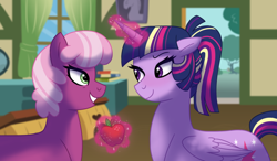 Size: 1024x597 | Tagged: safe, artist:cascayd, character:cheerilee, character:twilight sparkle, character:twilight sparkle (alicorn), species:alicorn, species:earth pony, species:pony, ship:cheerilight, alternate hairstyle, apple, female, food, lesbian, levitation, looking at each other, magic, ponytail, shipping, telekinesis