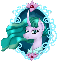 Size: 1024x1098 | Tagged: safe, artist:spokenmind93, character:mistmane, 3/4 view, border, bust, female, flower, mirror, portrait, solo