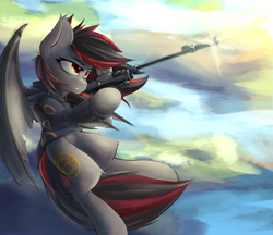 Size: 2583x2235 | Tagged: safe, artist:blvckmagic, oc, oc only, oc:tomoko tanue, species:bat pony, species:pony, fallout equestria, anti tank rifle, boys anti tank rifle, clothing, cloud, cloudy, crossover, female, flying, gun, hoodie, mare, pokémon, rifle, sky, sniper rifle, solo, umbreon, weapon
