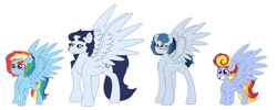 Size: 6980x2800 | Tagged: safe, artist:marukouhai, character:rainbow dash, character:soarin', oc, oc:maximilian, oc:serena, parent:rainbow dash, parent:soarin', parents:soarindash, species:pegasus, species:pony, ship:soarindash, colt, female, glasses, high res, male, mare, offspring, shipping, simple background, size difference, smol, straight, white background