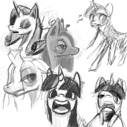 Size: 691x691 | Tagged: safe, artist:erijt, character:queen chrysalis, character:rarity, character:twilight sparkle, bags under eyes, blushing, eating, monochrome, open mouth, sketch