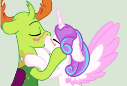 Size: 491x329 | Tagged: safe, artist:rose-moonlightowo, base used, character:princess flurry heart, character:thorax, species:alicorn, species:changeling, species:pony, species:reformed changeling, blushing, female, flurrax, kissing, male, mare, older, older flurry heart, shipping, simple background, stallion, straight