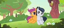 Size: 400x178 | Tagged: safe, artist:rose-moonlightowo, character:rumble, character:scootaloo, species:pegasus, species:pony, ship:rumbloo, female, male, prone, shipping, straight