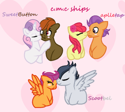Size: 400x358 | Tagged: safe, artist:rose-moonlightowo, character:apple bloom, character:button mash, character:rumble, character:scootaloo, character:sweetie belle, character:tender taps, species:pegasus, species:pony, ship:rumbloo, ship:tenderbloom, female, kissing, male, nuzzling, shipping, straight, sweetiemash