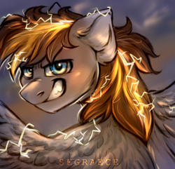 Size: 1120x1080 | Tagged: safe, artist:segraece, oc, oc only, oc:light speed, species:pegasus, species:pony, badass, cute, electricity, electrified, lightning, lightning manipulation, male, smiling, solo, spread wings, storm, weather control, wings