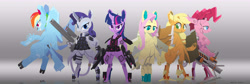 Size: 8000x2700 | Tagged: safe, artist:satv12, character:applejack, character:fluttershy, character:pinkie pie, character:rainbow dash, character:rarity, character:twilight sparkle, species:earth pony, species:pegasus, species:pony, species:unicorn, android, applebot, bipedal, bulletproof vest, female, flutterbot, gynoid, high res, lineless, mane six, mare, pinkie bot, rainbot dash, raribot, robot, robot pony, shield, species swap, twibot, weapon