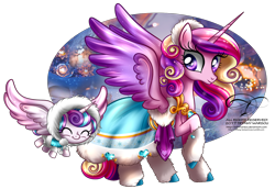 Size: 1526x1052 | Tagged: safe, artist:tiffanymarsou, character:princess cadance, character:princess flurry heart, species:alicorn, species:pony, clothing, cute, daughter, duo, female, flurrybetes, flying, jewelry, mother, mother and daughter, raised hoof, regalia, simple background, smiling, spread wings, transparent background, wings, winter