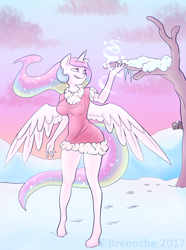 Size: 1842x2477 | Tagged: safe, artist:breeoche, character:princess celestia, species:alicorn, species:anthro, species:pony, species:unguligrade anthro, breasts, busty princess celestia, female, lightly watermarked, magic, nipple outline, smiling, snow, solo, tree, watermark, winter