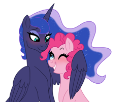 Size: 900x724 | Tagged: safe, artist:cascayd, character:pinkie pie, character:princess luna, species:alicorn, species:earth pony, species:pony, ship:lunapie, blushing, female, lesbian, one eye closed, shipping